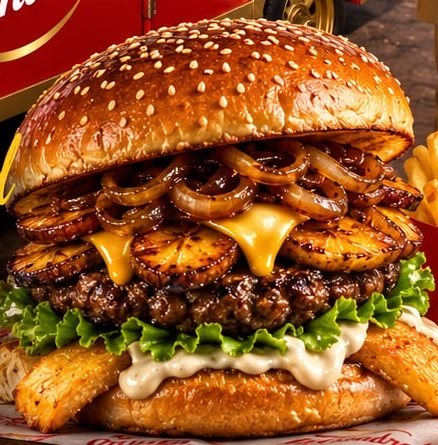 La Hundred House: hamburguesa con cebolla caramelizada, plátano maduro y queso derretido
